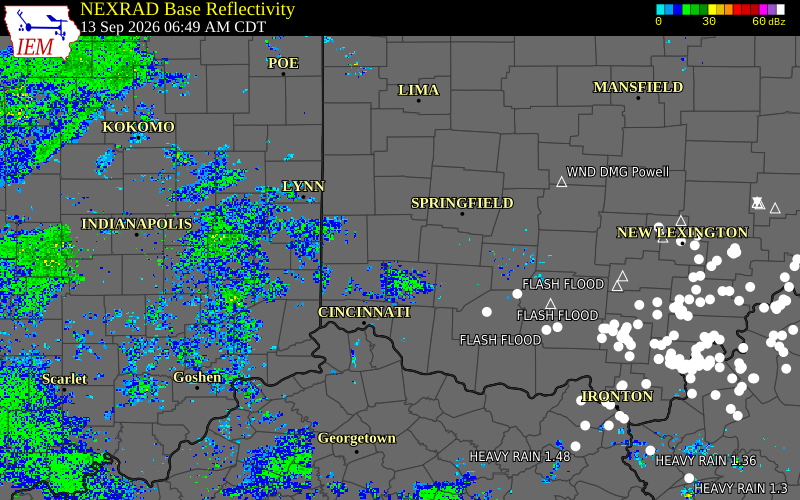 Current NEXRAD radar over Montgomery County, Ohio with recent storm report locations