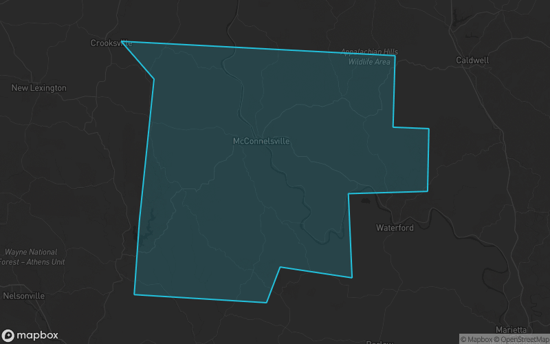 Map of Morgan County, Ohio showing the county boundary and surrounding cities