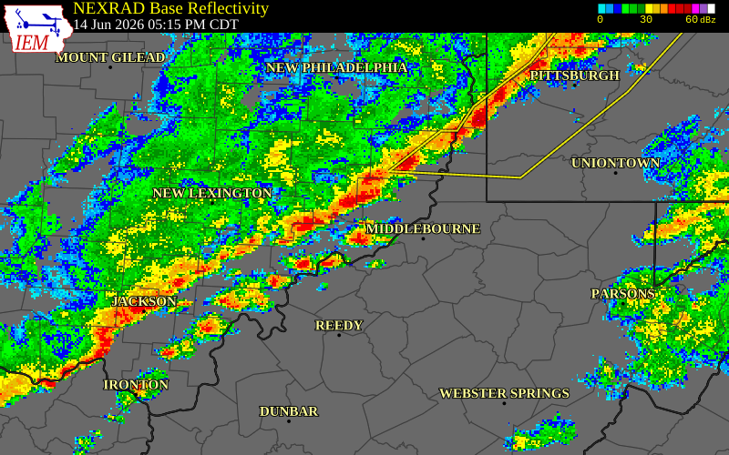 NEXRAD radar during the Sunday, June 14, 2026 storm activity in Morgan County, Ohio