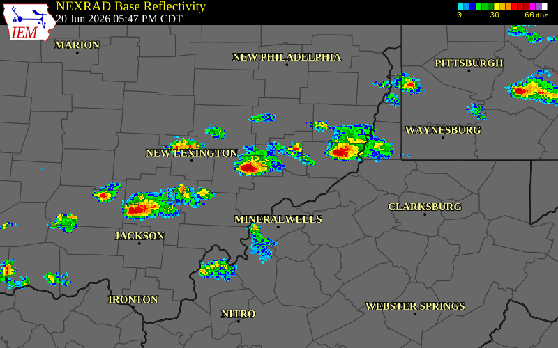 NEXRAD radar during the Saturday, June 20, 2026 storm activity in Morgan County, Ohio