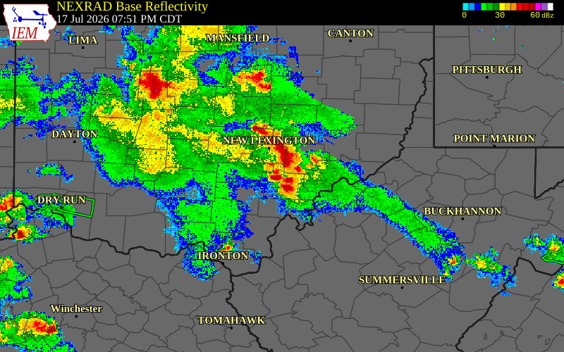 Radar snapshot during the Jul 17, 2026 wind event near Morgan County, Morgan County, Ohio, with NWS warning polygons