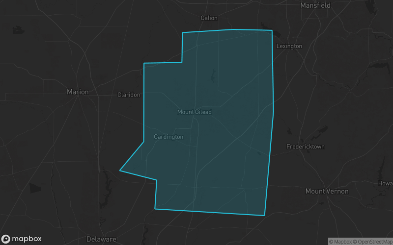 Map of Morrow County, Ohio showing the county boundary and surrounding cities