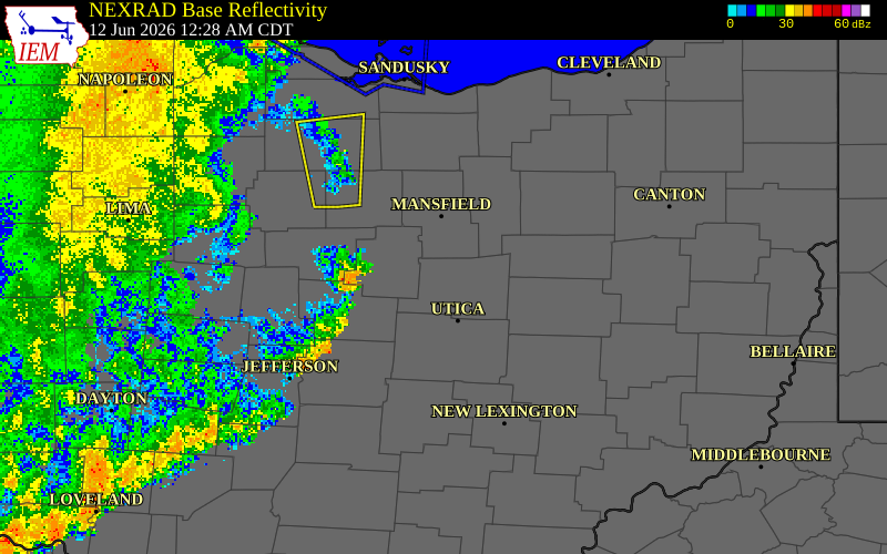 NEXRAD radar during the Friday, June 12, 2026 storm activity in Morrow County, Ohio