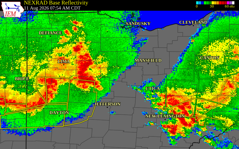NEXRAD radar during the Tuesday, August 11, 2026 storm activity in Morrow County, Ohio