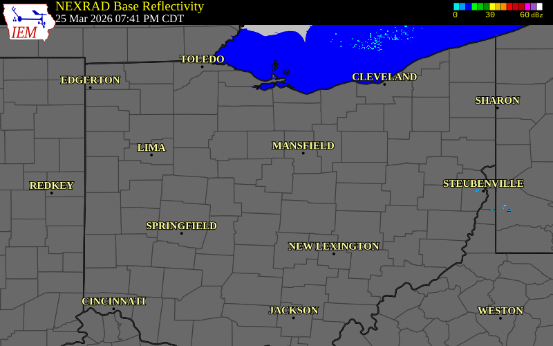 Radar snapshot during the Mar 25, 2026 tornado event near 2 ENE Mount Gilead, Morrow County, Ohio, with NWS warning polygons