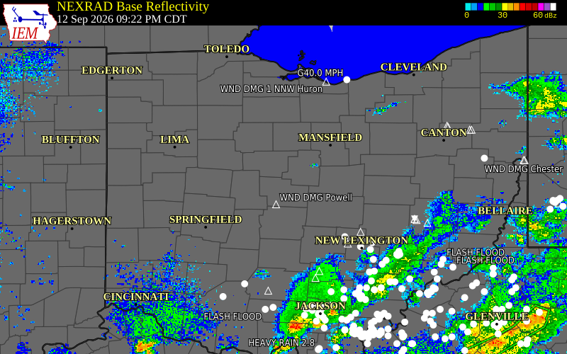 Current NEXRAD radar over Morrow County, Ohio with recent storm report locations