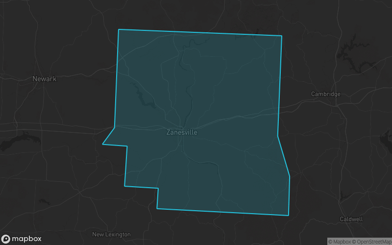 Map of Muskingum County, Ohio showing the county boundary and surrounding cities