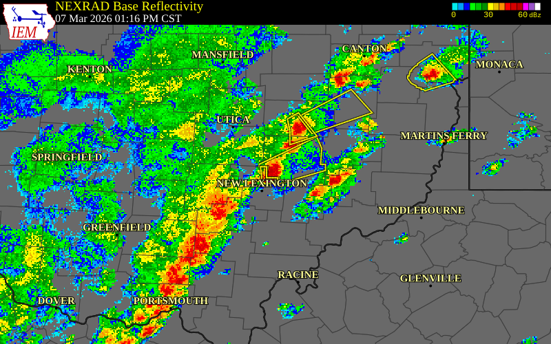 NEXRAD radar during the Saturday, March 7, 2026 storm activity in Muskingum County, Ohio