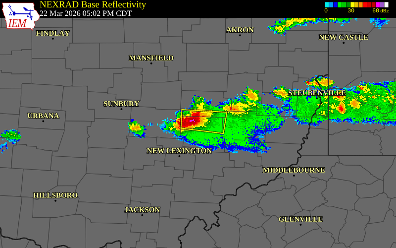 NEXRAD radar during the Sunday, March 22, 2026 storm activity in Muskingum County, Ohio