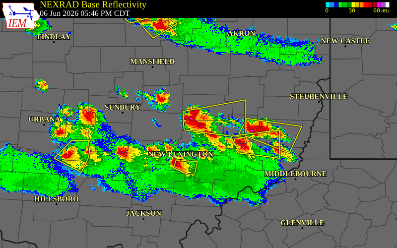 NEXRAD radar during the Saturday, June 6, 2026 storm activity in Muskingum County, Ohio