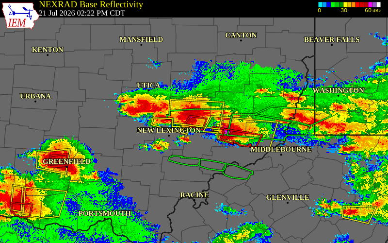 NEXRAD radar during the Tuesday, July 21, 2026 storm activity in Muskingum County, Ohio