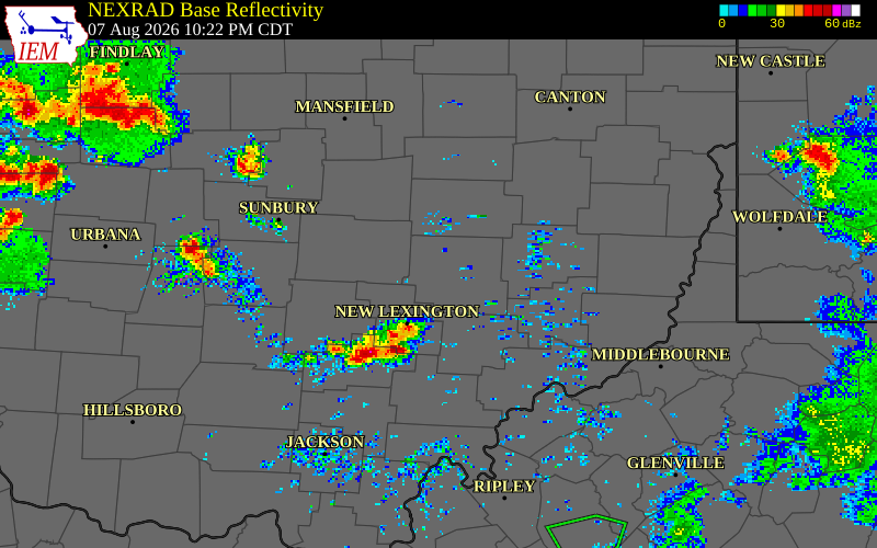 NEXRAD radar during the Friday, August 7, 2026 storm activity in Muskingum County, Ohio