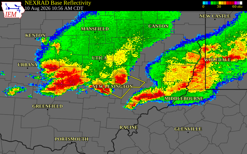 NEXRAD radar during the Monday, August 10, 2026 storm activity in Muskingum County, Ohio