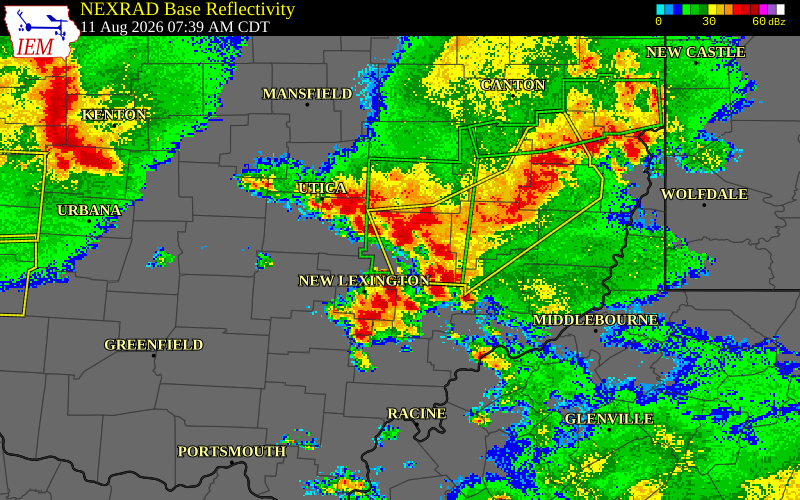NEXRAD radar during the Tuesday, August 11, 2026 storm activity in Muskingum County, Ohio