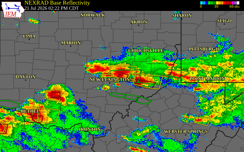 Radar snapshot during the Jul 21, 2026 tornado event near Duncan Falls, Muskingum County, Ohio, with NWS warning polygons