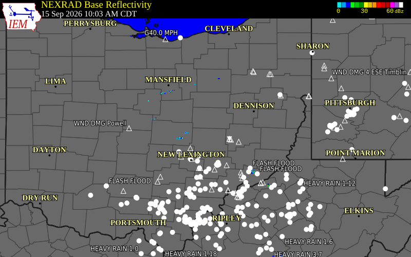 Current NEXRAD radar over Muskingum County, Ohio with recent storm report locations