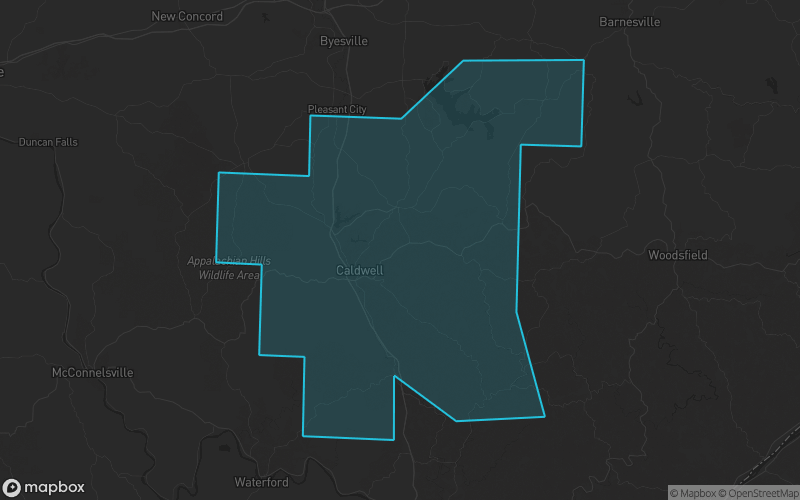 Map of Noble County, Ohio showing the county boundary and surrounding cities