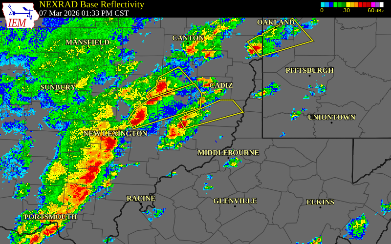 NEXRAD radar during the Saturday, March 7, 2026 storm activity in Noble County, Ohio