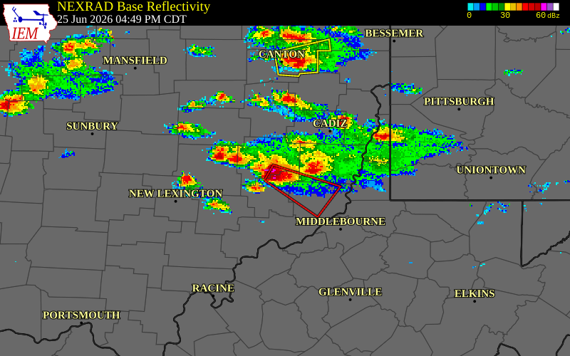 NEXRAD radar during the Thursday, June 25, 2026 storm activity in Noble County, Ohio