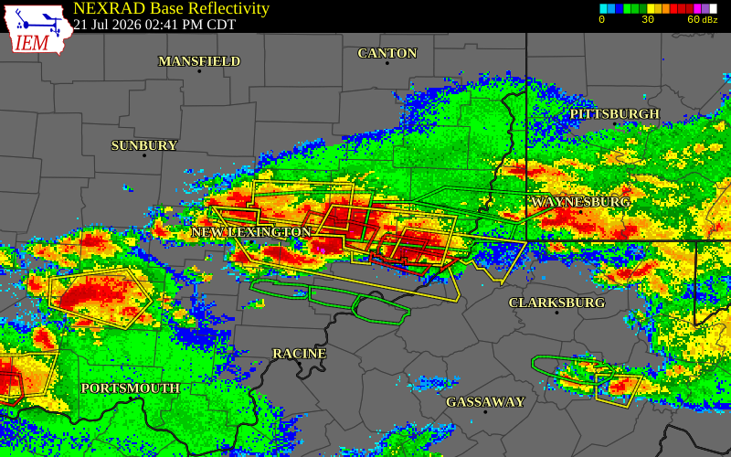 NEXRAD radar during the Tuesday, July 21, 2026 storm activity in Noble County, Ohio