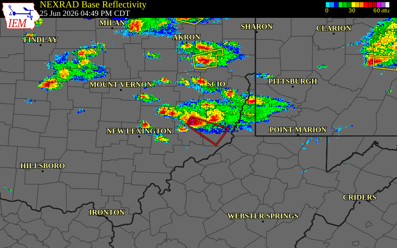 Radar snapshot during the Jun 25, 2026 tornado event near 4 WSW Batesville, Noble County, Ohio, with NWS warning polygons
