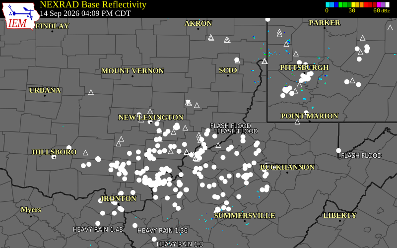 Current NEXRAD radar over Noble County, Ohio with recent storm report locations