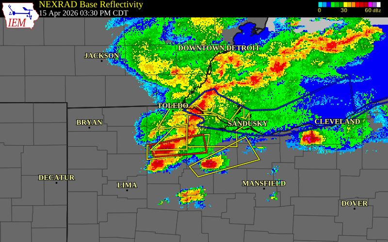 NEXRAD radar during the Wednesday, April 15, 2026 storm activity in Ottawa County, Ohio