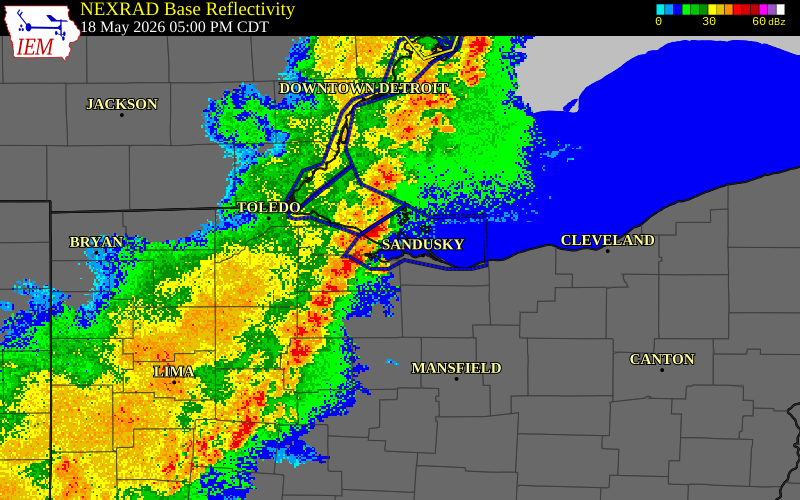 NEXRAD radar during the Monday, May 18, 2026 storm activity in Ottawa County, Ohio