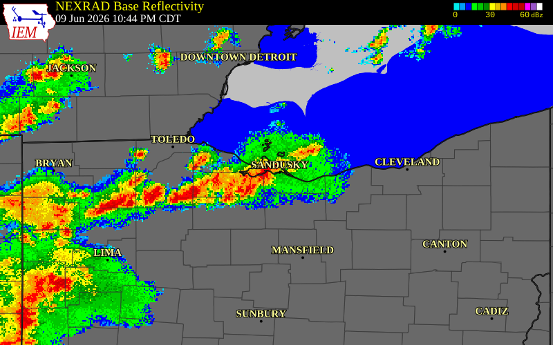 NEXRAD radar during the Tuesday, June 9, 2026 storm activity in Ottawa County, Ohio