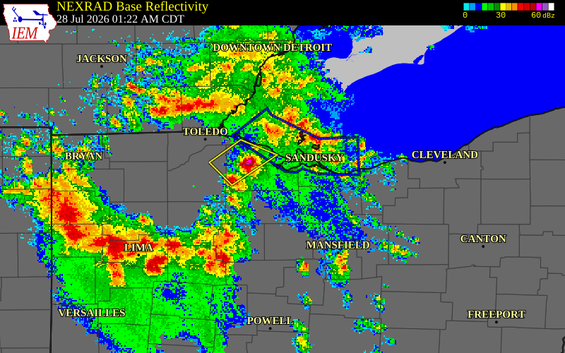 NEXRAD radar during the Tuesday, July 28, 2026 storm activity in Ottawa County, Ohio