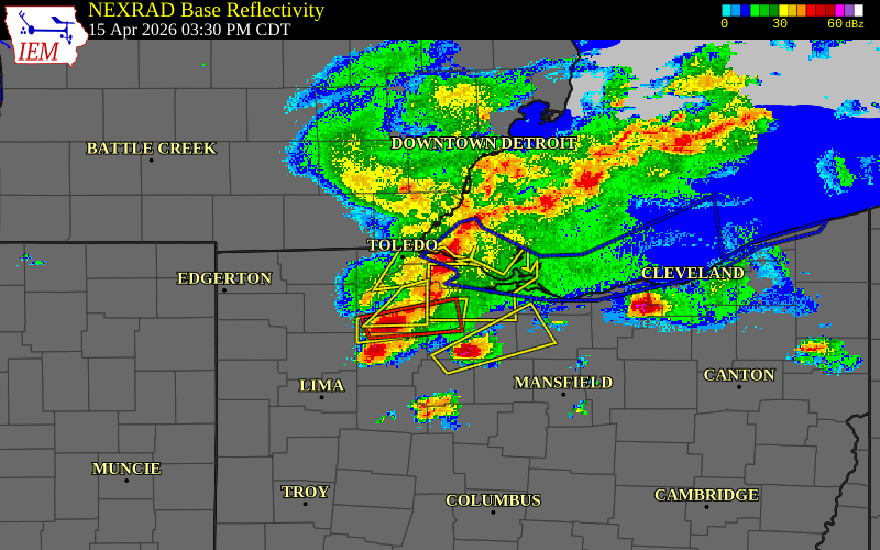 Radar snapshot during the Apr 15, 2026 wind event near 1 N Martin, Ottawa County, Ohio, with NWS warning polygons