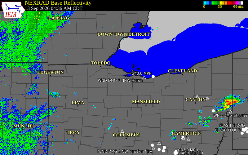 Current NEXRAD radar over Ottawa County, Ohio with recent storm report locations