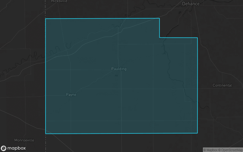 Map of Paulding County, Ohio showing the county boundary and surrounding cities