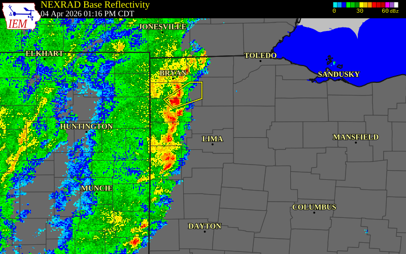 NEXRAD radar during the Saturday, April 4, 2026 storm activity in Paulding County, Ohio