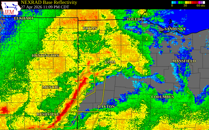 NEXRAD radar during the Tuesday, April 28, 2026 storm activity in Paulding County, Ohio