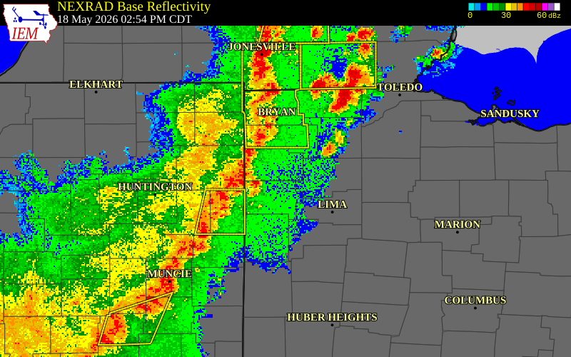 NEXRAD radar during the Monday, May 18, 2026 storm activity in Paulding County, Ohio