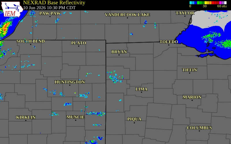 NEXRAD radar during the Wednesday, June 10, 2026 storm activity in Paulding County, Ohio