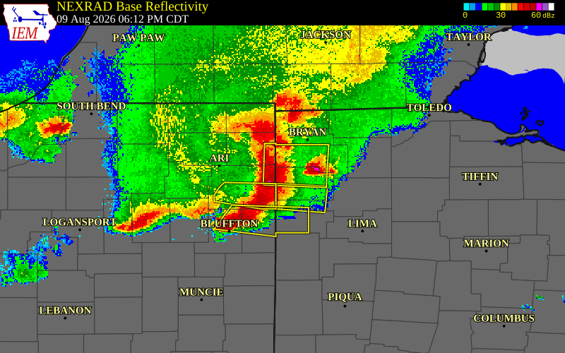 NEXRAD radar during the Sunday, August 9, 2026 storm activity in Paulding County, Ohio