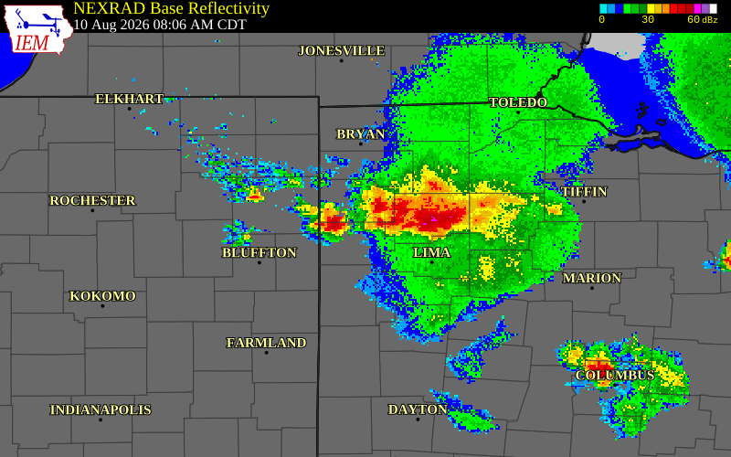 NEXRAD radar during the Monday, August 10, 2026 storm activity in Paulding County, Ohio
