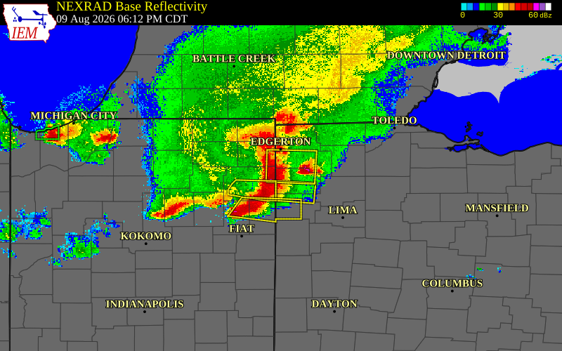 Radar snapshot during the Aug 9, 2026 wind event near 1 SW Antwerp, Paulding County, Ohio, with NWS warning polygons