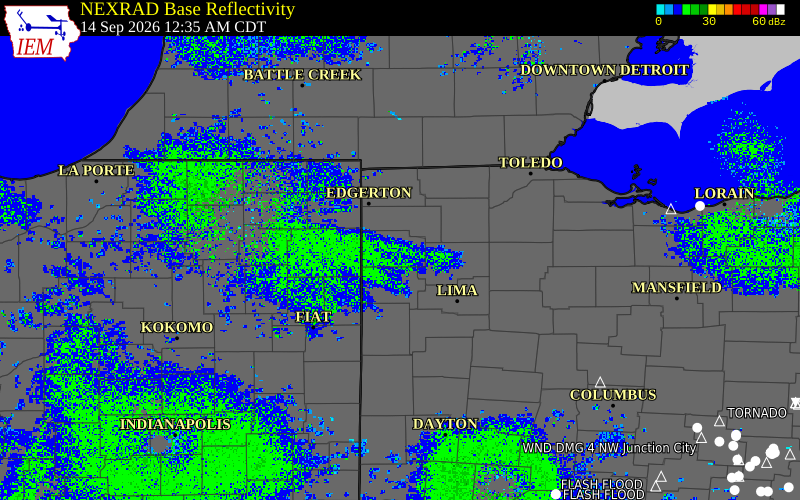 Current NEXRAD radar over Paulding County, Ohio with recent storm report locations