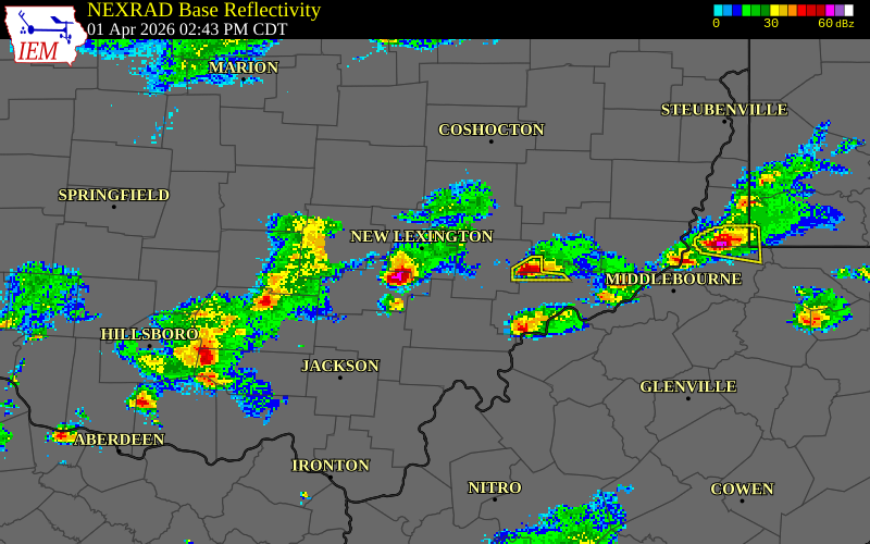 NEXRAD radar during the Wednesday, April 1, 2026 storm activity in Perry County, Ohio