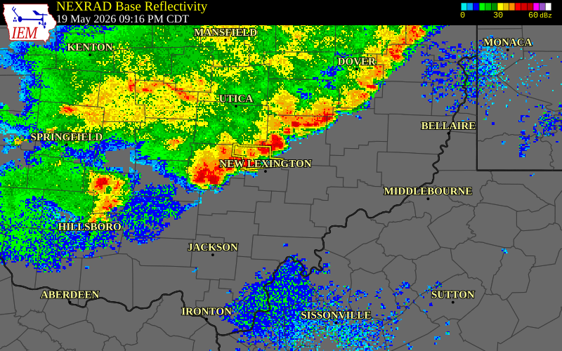 NEXRAD radar during the Tuesday, May 19, 2026 storm activity in Perry County, Ohio