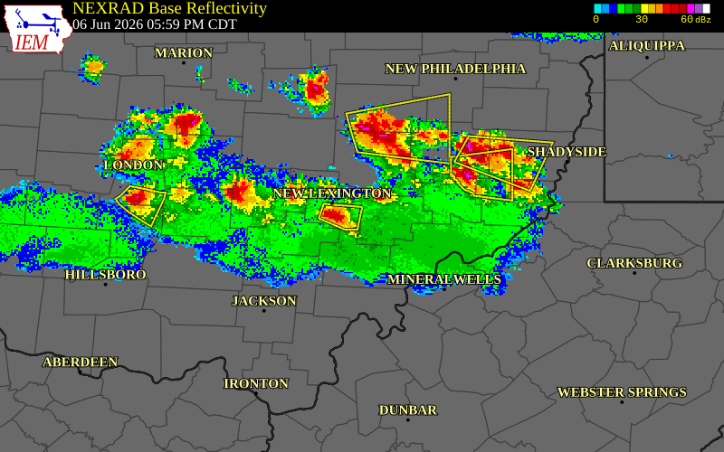 NEXRAD radar during the Saturday, June 6, 2026 storm activity in Perry County, Ohio