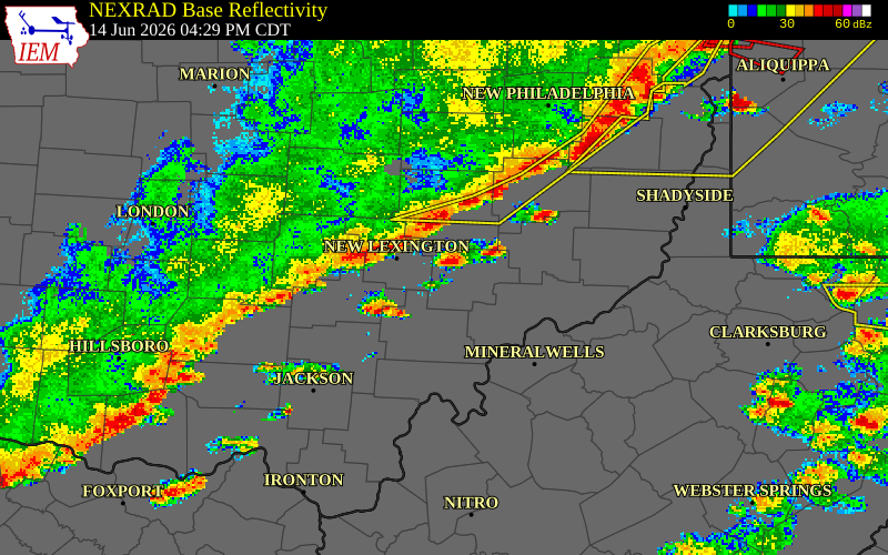 NEXRAD radar during the Sunday, June 14, 2026 storm activity in Perry County, Ohio