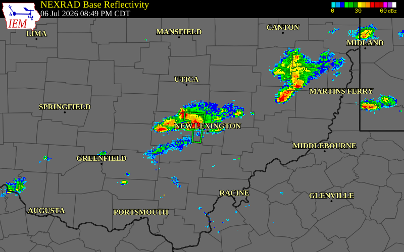 NEXRAD radar during the Monday, July 6, 2026 storm activity in Perry County, Ohio