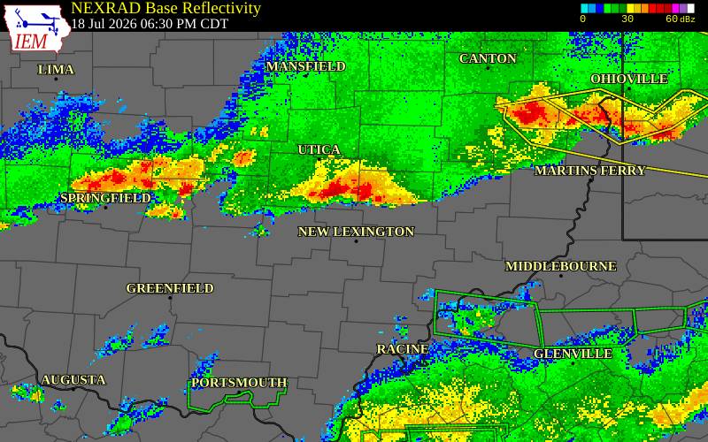 NEXRAD radar during the Saturday, July 18, 2026 storm activity in Perry County, Ohio