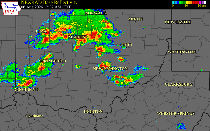 Radar snapshot during the Aug 8, 2026 wind event near Perry County, Perry County, Ohio, with NWS warning polygons