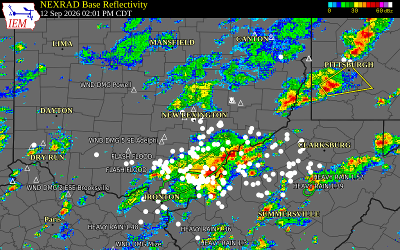 Current NEXRAD radar over Perry County, Ohio with recent storm report locations