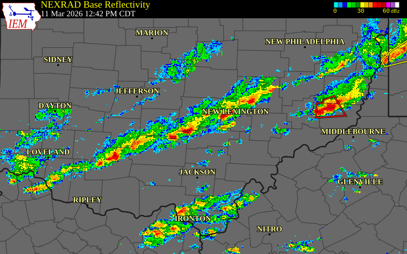NEXRAD radar during the Wednesday, March 11, 2026 storm activity in Pickaway County, Ohio